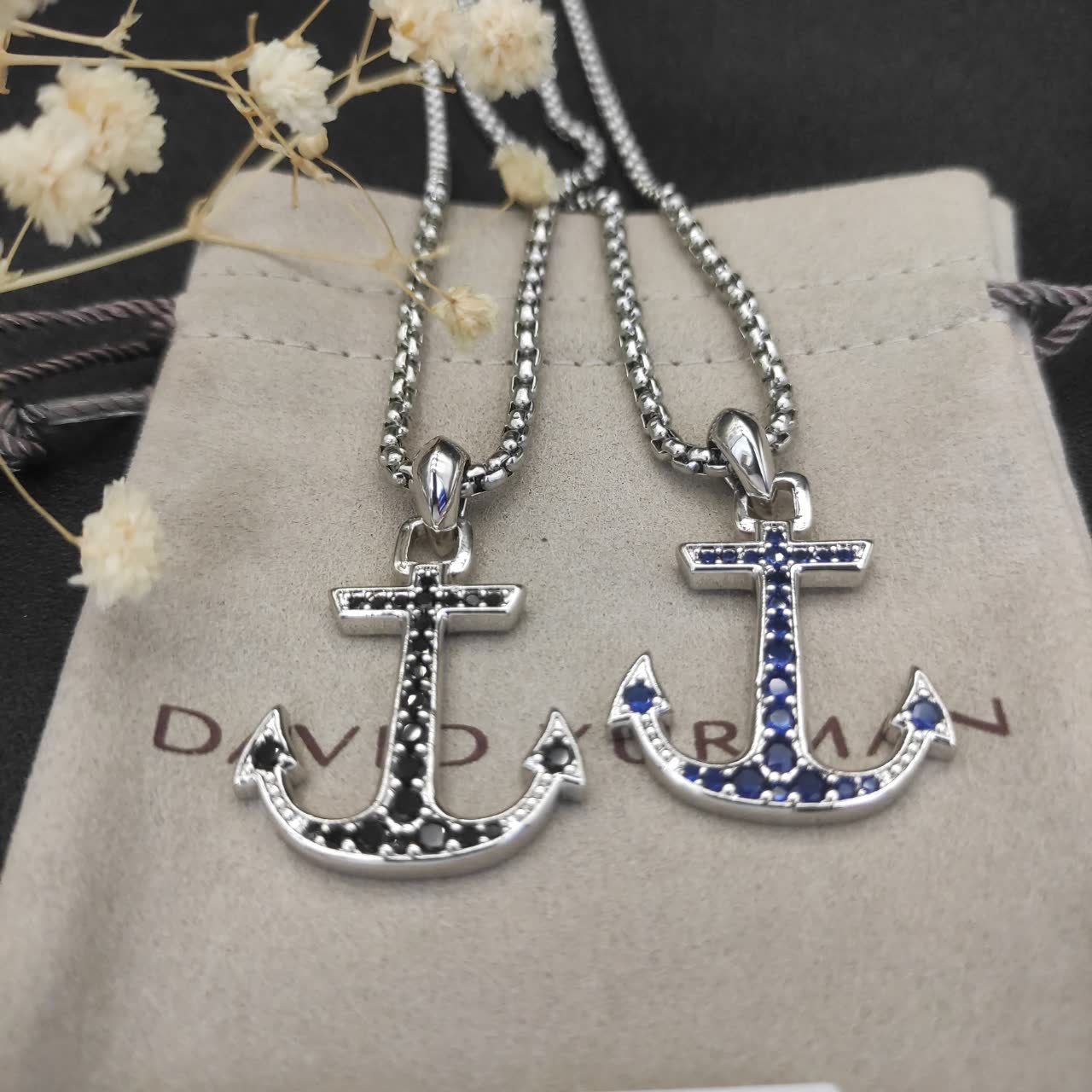 David Yurman Silver Anchor Pendant Necklace with Black Stones